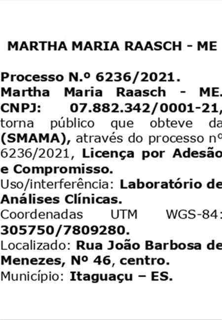 LICENÇA AMBIENTAL OBTIDA - MARTHA MARIA RAASCH - ME